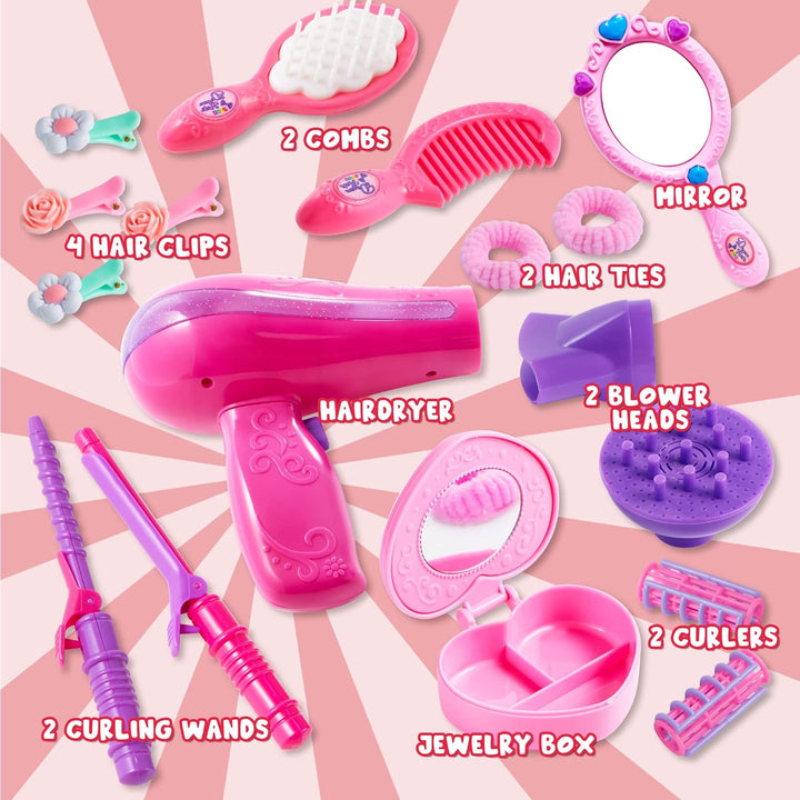 17Pcs Girls Beauty Salon Set, Pretend Play Doll Hair Stylist Toy Kit with Hairdryer, Mirror, Curling Iron and Other Accessories for Kids Toddler Fashion Cutting Makeup Party Favor, Birthday Gift
