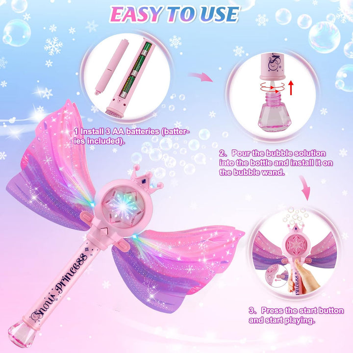Bubble Wands for Kids Girls - LED Light & Music Bubble Machine: 3 AA Batteries & 2 Bubble Solutions, Outdoor Party Birthday Toys for Toddlers, Gift for 3 4 5 6 7 8 Year Old Girls