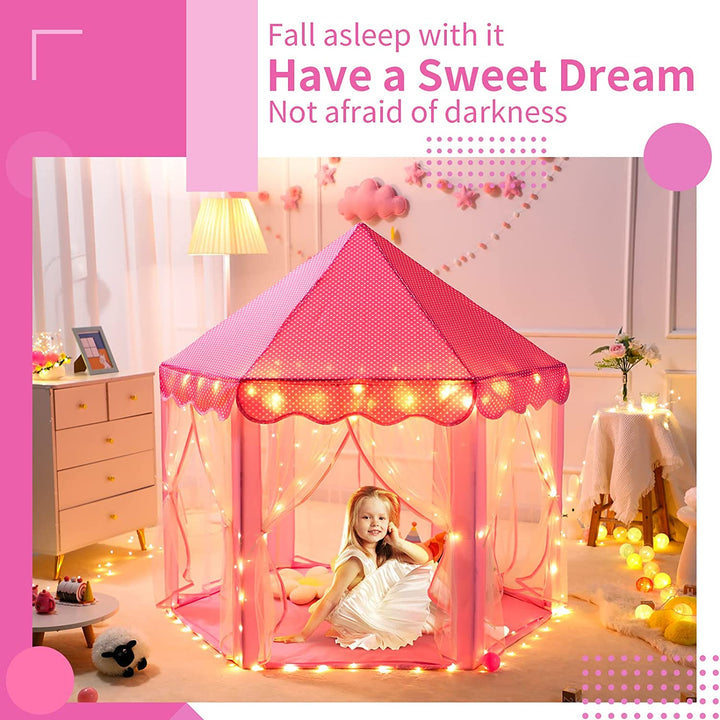 Princess Castle Tent for Girls Fairy Play Tents for Kids Hexagon Playhouse with Fairy Star Lights Toys for Children or Toddlers Indoor or Outdoor Games (Pink)