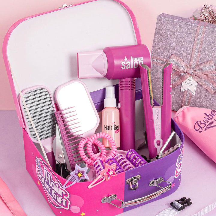 Hair Salon Pretend Play Toys for Girls 3 4 5 6 Year Old, Makeup Playset Toddler Dress up Beauty Hair Stylist Kit with Hairdryer Straightener Apron Portable Box, Birthday Gifts for Girls 4-6