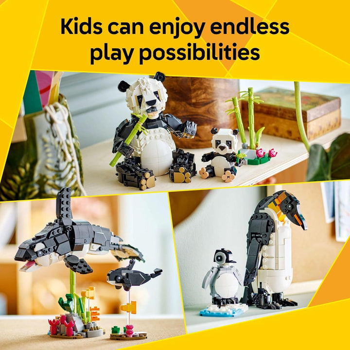 Creator 3 in 1 Wild Animals Panda Family - Building Toy Kit for Kids with 3 Building Options, Panda, Penguin, or Orca - 8 Year Old Girl & Boy Birthday Gifts - 31165