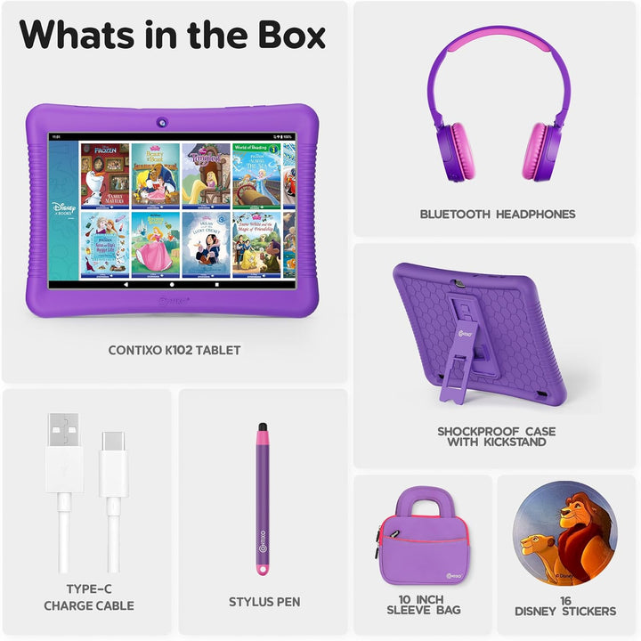 10" Android Kids Tablet Bundle - 32GB, 80+ Disney Storybooks ($350 Value), Parental Controls, Kid-Proof Case W/Kickstand & Stylus, Headphones & Sleeve Bag - Purple