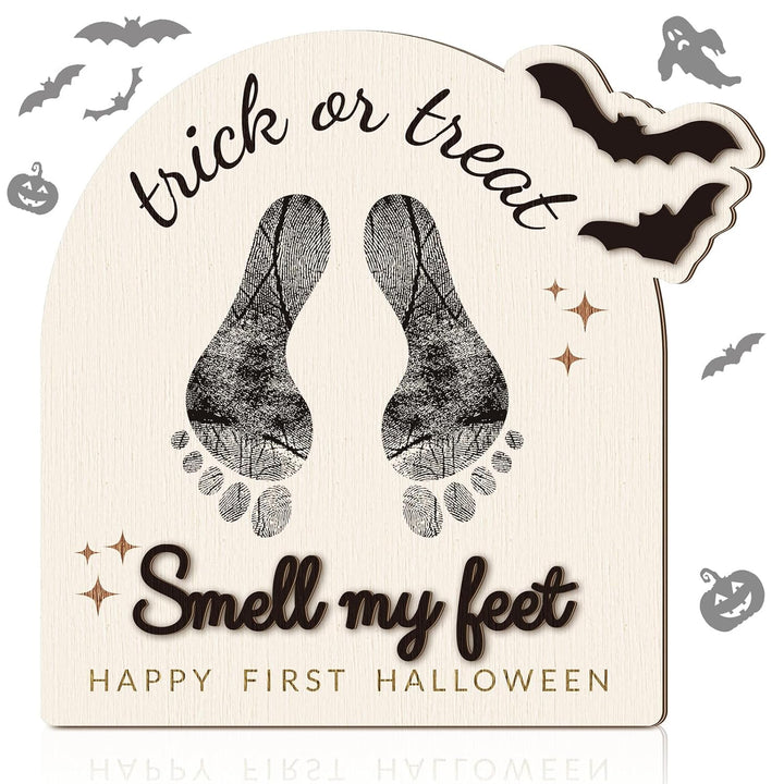 Baby'S First DIY Footprint Art Wooden Milestone Card Keepsake Little Boo Sign Nursery Decorative Ornaments for Baby Shower Newborn Photoshoot Prop(Halloween Classic)