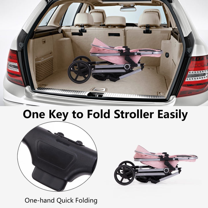 2-In-1 Baby Stroller with Bassinet Mode - Folding Infant Newborn Pram Stroller with Reversible Seat - Toddler Strollers for 0-36 Months Old Babies (Pink)