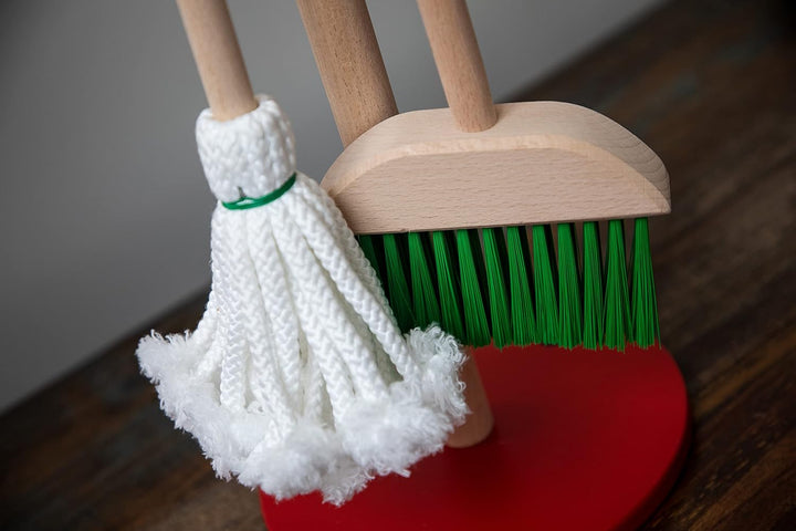 Justforkids Wooden Detachable Kids Cleaning Set - Duster, Brush, Mop, Broom and Hanging Stand Play - Housekeeping Kit - STEM Toys for Toddlers Girls & Boys, Total 6 Pieces,Multi Color,10071