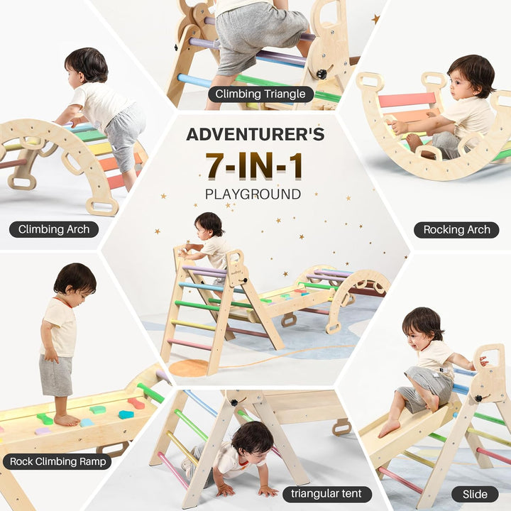Pikler Triangle Set 7In1 Foldable Baby Climbing Toys Wooden Montessori Climbing Set with Arch&Ramp&Ladder Baby Climber Indoor Jungle Gyms for Toddlers Montessori Toys - Rainbow