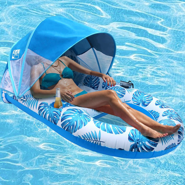 Pool Lounge Float with Canopy Upf50+,Extra Large Pool Floats for Adults Heavy Duty,Inflatable Lounger Float with Cup Holder & Backrest,Footrest