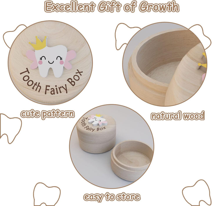 Tooth Fairy Box for Girls, Cute Carved Wooden Box with 3D Tooth, Stores Lost Teeth for Kids, Souvenir Dropped Tooth Keepsake Storage Box Gift for Little Girl（P-Wings-T）
