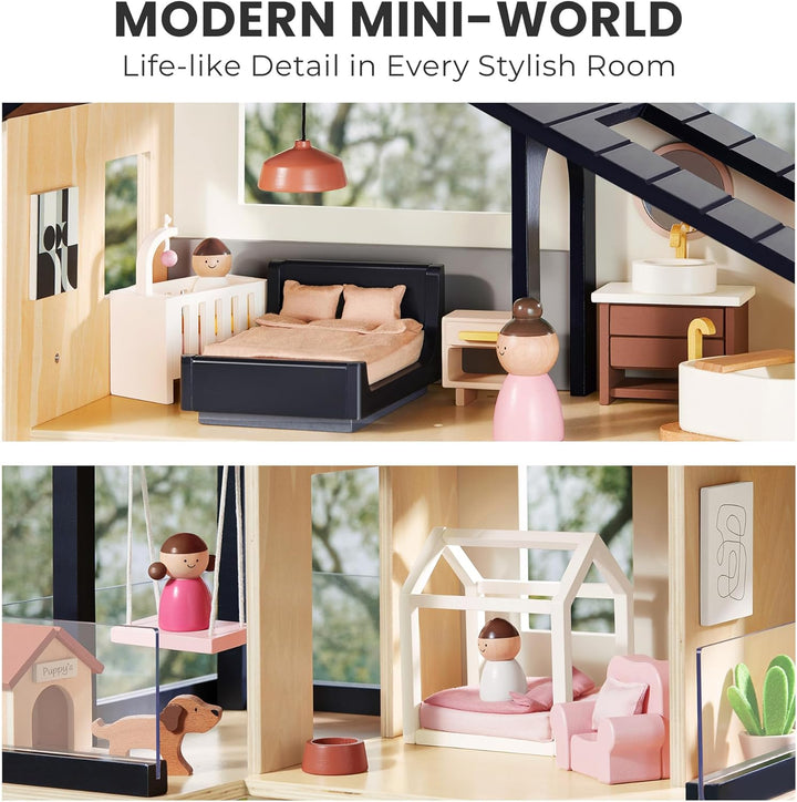Doll House, Modern Family Dollhouse with Realistic Design, Wooden Dollhouse with 53Pcs Furniture - Ideal Gift for Kids Ages 3+