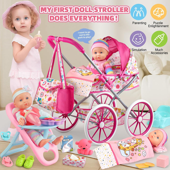 Baby Doll Stroller Toys Set with 12.5" Baby Doll,Dining Chair,Quilt Pillow,24 PCS Doll Accessories and 2 Sets Doll Clothes,Baby Stroller Toys for Girls Toddlers 3-5 4-6 5-7 Gifts for Pretend Play
