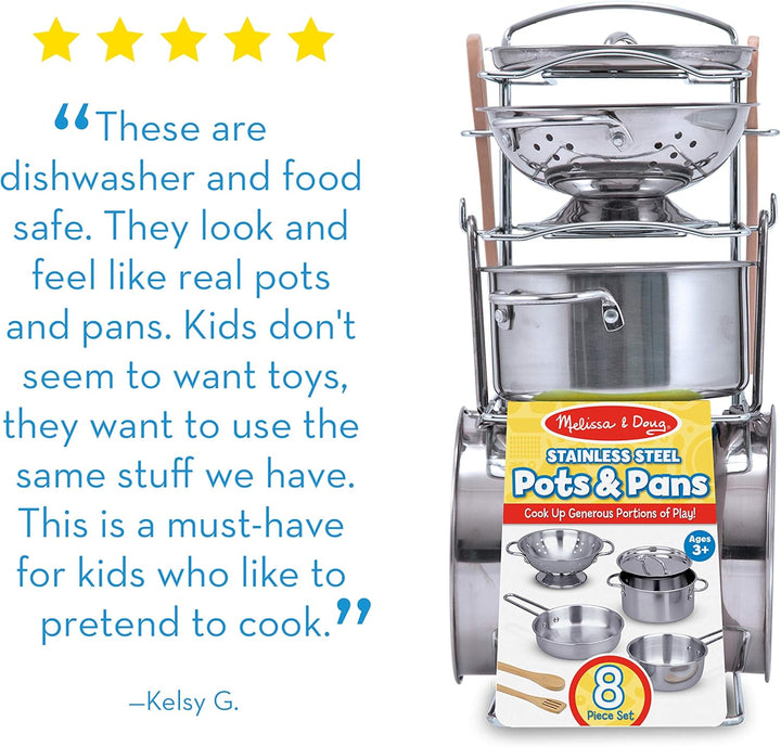 Stainless Steel Pots and Pans Pretend Play Kitchen Set for Kids (8 Pcs)