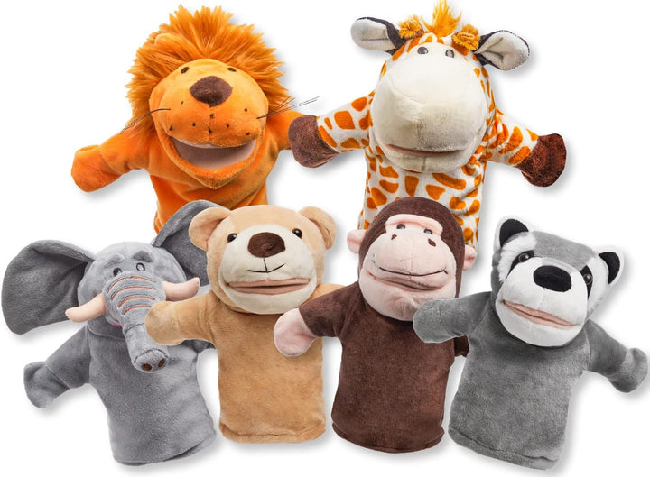 6Pcs Kids Hand Puppet Set with Working Mouth, Toddler Animal Plush Toy Includes Elephant, Giraffe, Lion, Bear, Raccoon and Monkey for Show Theater, Birthday Gifts for Kid Age 3+