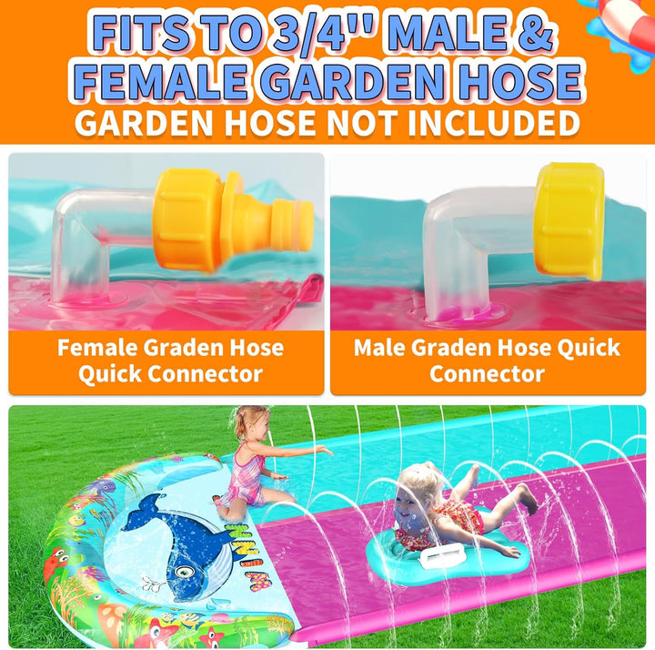 33FT Slip Lawn Water Slide for Kids Adults, Extra-Long Double Lanes Heavy Duty Slides & Side Fences, Giant Water Slide with Splash Pool, 2 Inflatable Bodyboards, Slip Backyard Summer Water Play Toy