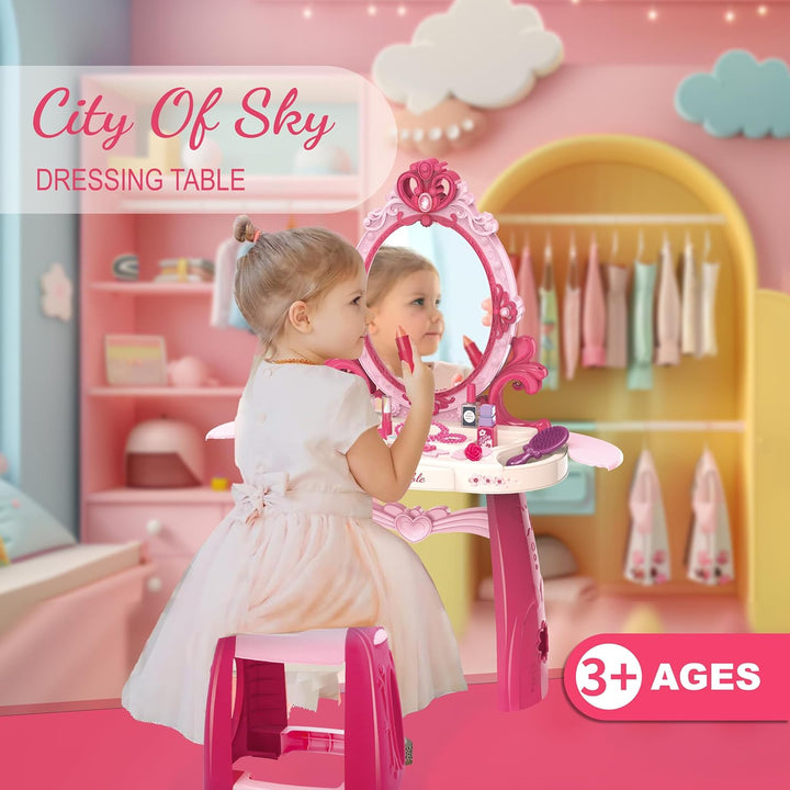 Toddler Vanity Makeup Table Toy with Mirror&Chair，Kids Vanity Set with Light&Music、Pretend Play Makeup Accessories with Hair Dryer Toy，Gift for Girls and Toddlers2 3 4 5 6Years Old