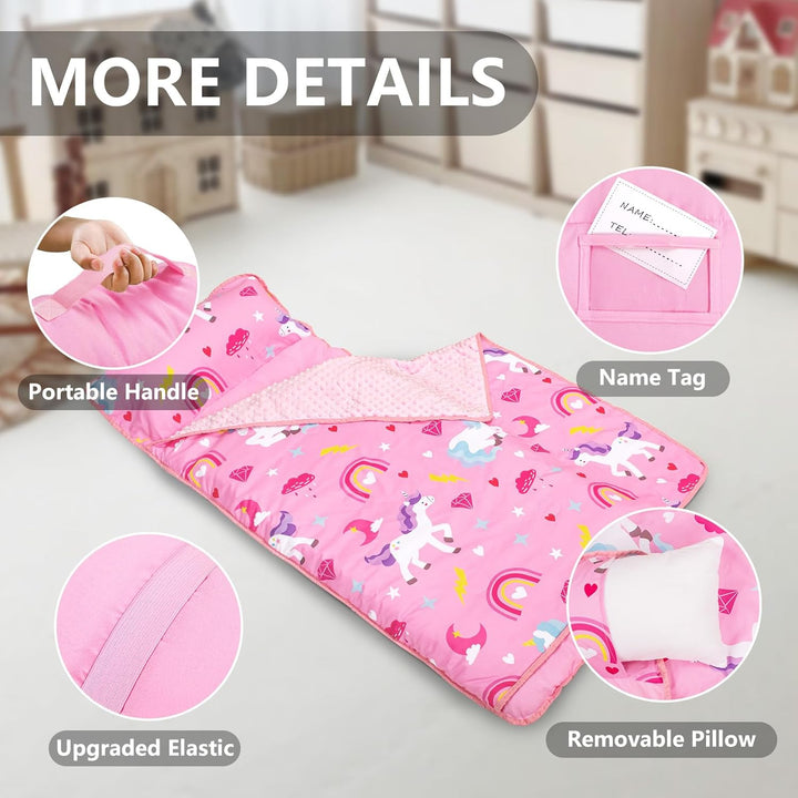 Toddler Nap Mat with Removable Pillow and Fleece Blanket, Extra Large 55''X35'' Sleeping Bag, Washable, Light, Easy to Roll Up, Perfect for Daycare, Preschool, Kindergarten, Travel