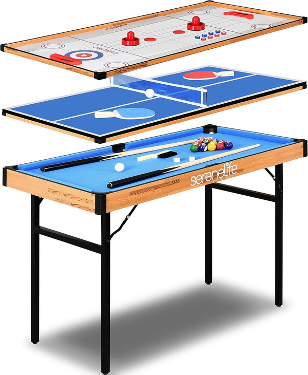 4 in 1 Multi Game Table, 4’X2’ Folding Portable Sports Arcade Games with Accessories, Ping Pong, Air Hockey, Pool Billiards, and Shuffleboard, for Indoor, Outdoor, All Ages