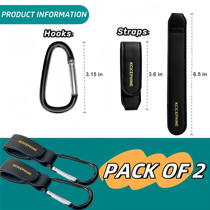 2 Pack Stroller Hooks, Stroller Straps for Diaper Bags,Adjustable Stroller Carabiner Clip,Baby Stroller Accessories for Nuna,Uppababy,Bob,Hook for Bike,Scooter,Wheelchair,Walker Accessories（Black）