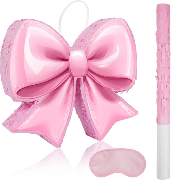 Pink Bow Piata - Watercolor Pink Bow Piata with Blindfold and Bat for Girls Kids' Birthday Party Decorations (16"X13"X3")