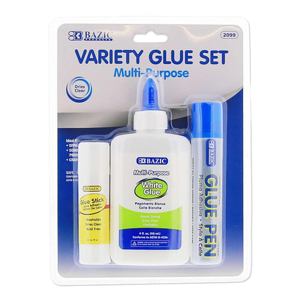 BAZIC White Glue 4Oz., Clear Glue 1.7Oz., Glue Stick 0.7Oz., Washable Liquid Glue Pen, Multi-Purpose, for School Home Office (3/Pack), 1-Pack