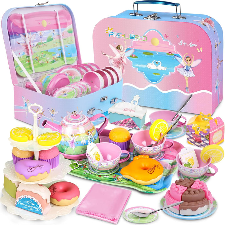 Tea Party Set for Little Girls, Princess Tea Time Toy Including Dessert,Cookies,Doughnut,Teapot Tray Cake, Tablecloth & Carrying Case,Kids Kitchen Pretend Play for Girls Boys Age 3-6