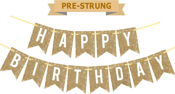 Pre-Strung Gold Happy Birthday Banner Decorations,12 Ft No DIY Gold Glitter Birthday Party Banner Sign Decor for Women Men Girl Boy Party Supplies