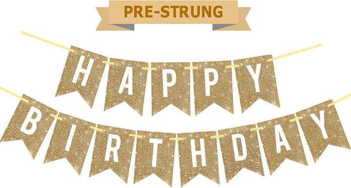 Pre-Strung Gold Happy Birthday Banner Decorations,12 Ft No DIY Gold Glitter Birthday Party Banner Sign Decor for Women Men Girl Boy Party Supplies