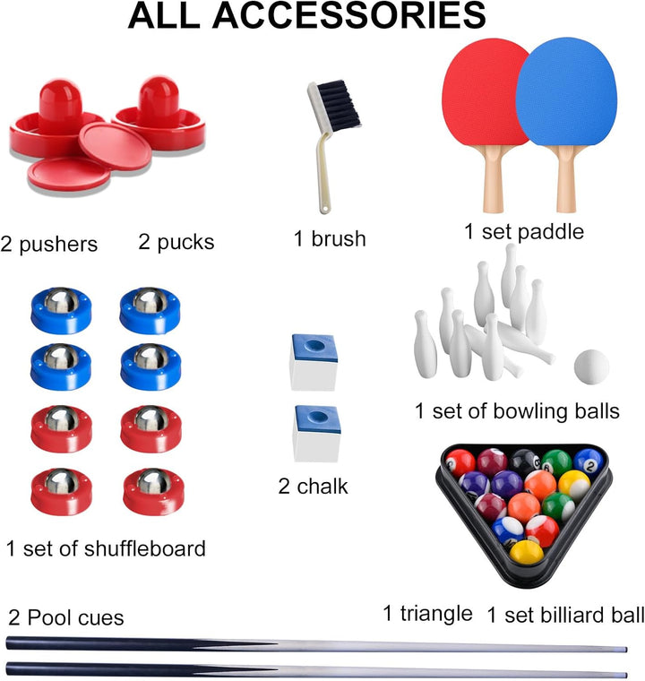 54" Upgrade Multi Game Table,5 in 1 Folding Portabel Games with Accessories,Ping Pong,Pool Billiard,Shuffleboard,Bowling,Hockey Combo Game Set for Indoor and Outdoor Family Game Table