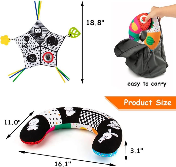 Tummy Time Pillow with Crinkle Mat & Teethers, Black and White High Contrast Baby Toys with Mirror, Montessori Sensory Crawling Toy for Infant Newborn Toddler Tummy Time Toys 0-6 Months Babies