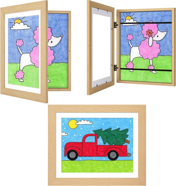3Pack Kids Art Frames Natural Woodgrain, 10X12.5 Child Artwork Frame without Mat Changeable Front Opening, 8.5X11 Frame with Mat, Children Storage Frame Holds Crafts, Drawing, Art Project, Schoolwork