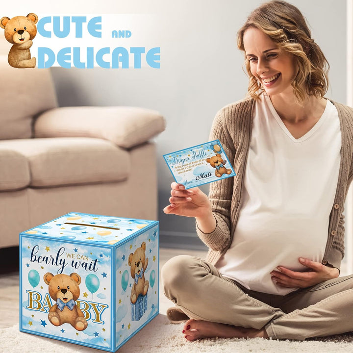 51 Pieces Bear Diaper Raffle Box with Tickets for Baby Shower Game Decoration Gender Reveal Party Blue Diaper Raffle Sign Bear Themed Insert Card Ticket Invitation Advice and Wishes