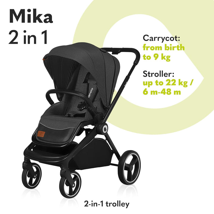 Mika 2-In-1 Combination Pushchair Baby Carrycot Pram Buggy Rain Cover Shoulder Strap for Transport, Mattress, Mosquito Net, Foot Cover, Waterproof Material, Rubber Wheels (Grey Graphite)