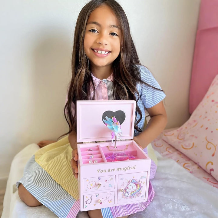 Wooden Jewelry Box with Unicorn for Girls, Musical Children'S Jewelry Organizer, Gift for Toddler Age 2 3 4 5 6 7 8 9 on Birthday -Pink