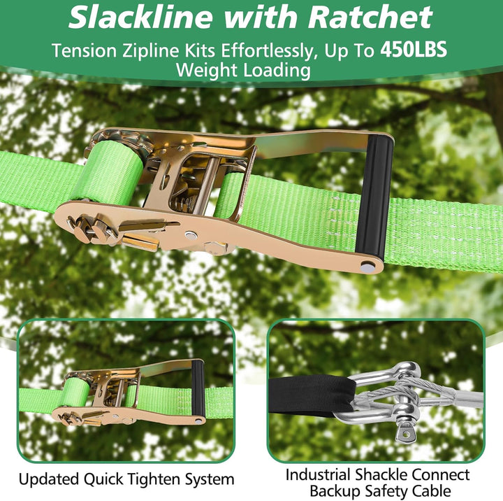 Zip Line Kit for Kids and Adults Outdoor: up to 500Lbs - 80FT Quick Tighten Zipline for Backyard with Removable Trolley Swing Seat Spring Brake Ratchet Strap