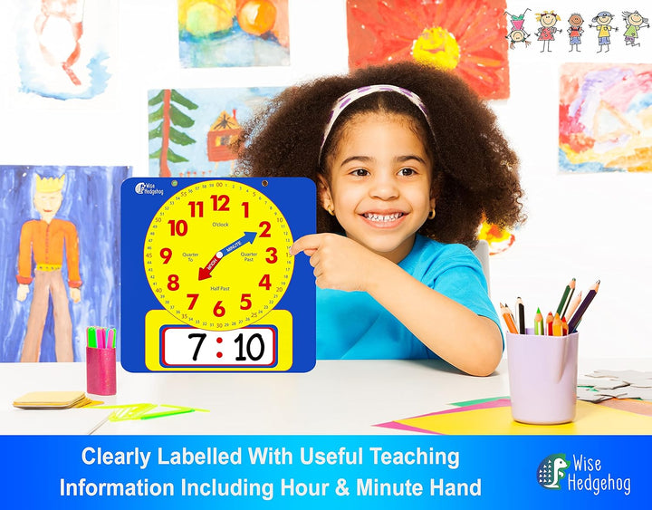 Large Dry Erase Magnetic Teaching Demonstration Clock, Kids Telling Time Learning Clock for Analog and Digital Time, Labelled Minute & Hour Hands, for School Classrooms & Homeschool Supplies