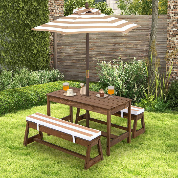 Kids Picnic Table, Toddler Wood Table & Chair Set W/Cushions, Height Adjustable Umbrella, Children Activity Table Outdoor Furniture Set for Patio, Garden, Backyard, Gift for Ages 3-8 (Coffee)