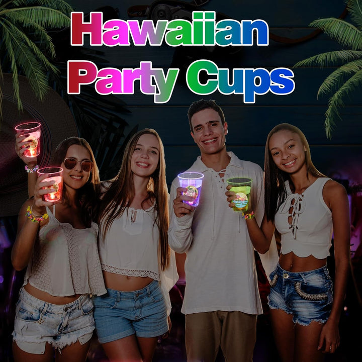 25 Light up Luau Cups for Hawaiian Moana Birthday Party Decorations - 16 OZ Glow in the Dark Plastic Tiki Party Cups for Tropical Aloha Luau Party Decor Supplies