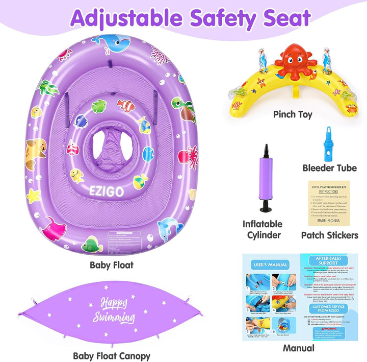 Baby Pool Float with Canopy UPF 50+ Sun Protection, Double Air Chambers Infants Swimming Floats with Sound Toys Adjustable Safety Seat Toddler Float for Boys and Girls 6-36 Months