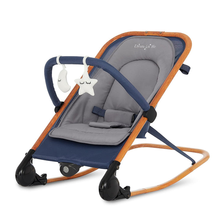 Rock with Me 2-In-1 Rocker and Stationary Seat | Compact Portable Infant Rocker with Removable Toys Bar & Hanging Toys in Black & Grey