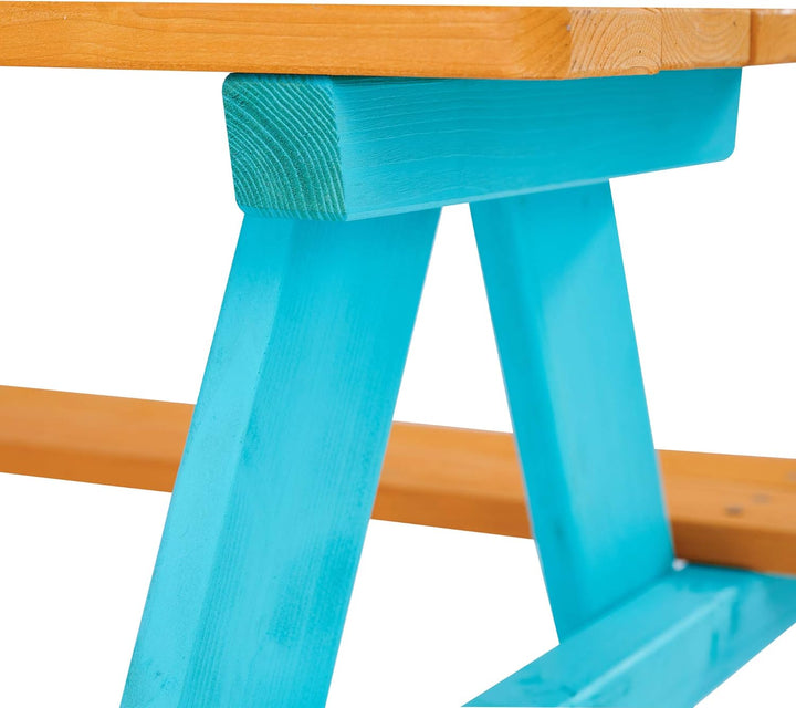 - Wooden Outdoor Child Children Kids Picnic Table & Chair Bench Set - Brown/Aqua