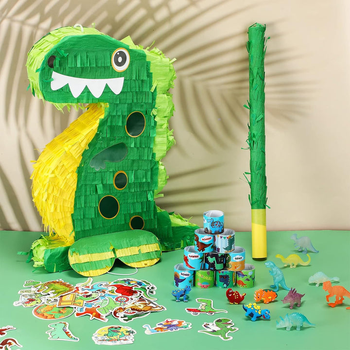 141 Pcs Dinosaur Piñata for Birthday Party, Dino Piñata Set with Blindfold and Baton, 16 X 12 X 3 Inch, Kids Dinosaur Themed Party Favors for Boys and Girls(Lovely Style)