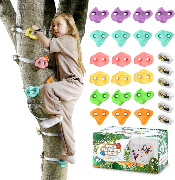 20 Ninja Tree Climbing Holds for Kids Climber, Adult Climbing Rocks with 6 Ratchet Straps for Outdoor Ninja Warrior Obstacle Course Training