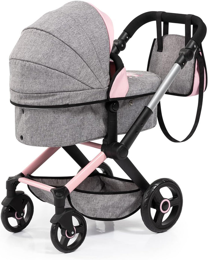 : Pram Xeo: Butterfly Grey & Pink - Matching Handbag, Adjustable Handle, for Dolls up to 20", Ages 3+ | Dress Up