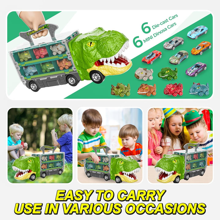 13 in 1 Dinosaur Toys Car for Kids, Dinosaur Transport Truck Track Set, Toddler Boy Toys Age 2-4 1-3, Birthday Gifts Toy for 3 4 5 6+ Year Old Boy,Foldable Track & Race Mode W/ 6 Dino Car & 6 Race Car