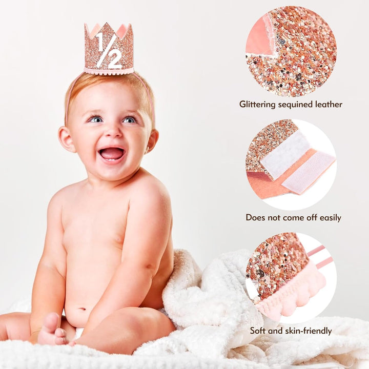 1/2 Birthday Girl Crown - Pink & Rose Gold Adjustable Baby Girl Half Birthday Hat for 6-12 Months, Soft Photo Props for Half Year Celebration, Party Decorations