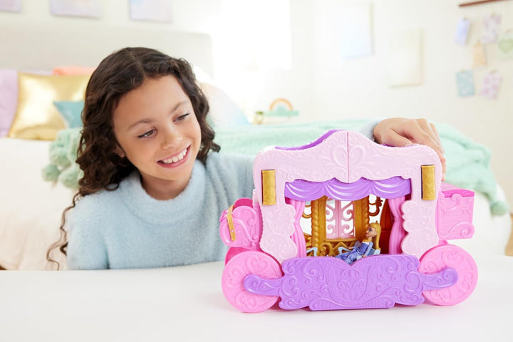 Disney Princess Toys, Carriage to Castle Transforming Playset with Aurora Small Doll, 4 Figures, Furniture & Accessories