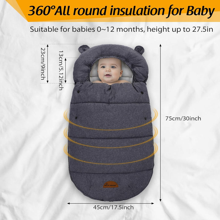 Universal Footmuff for Stroller, Baby Bunting Bags, Winter Windproof Warm Pram Footmuffs, Water Resistant Sleeping Bag with Hood for Strollers, Pushchairs, Prams, Car Seat, 30"*17.5"