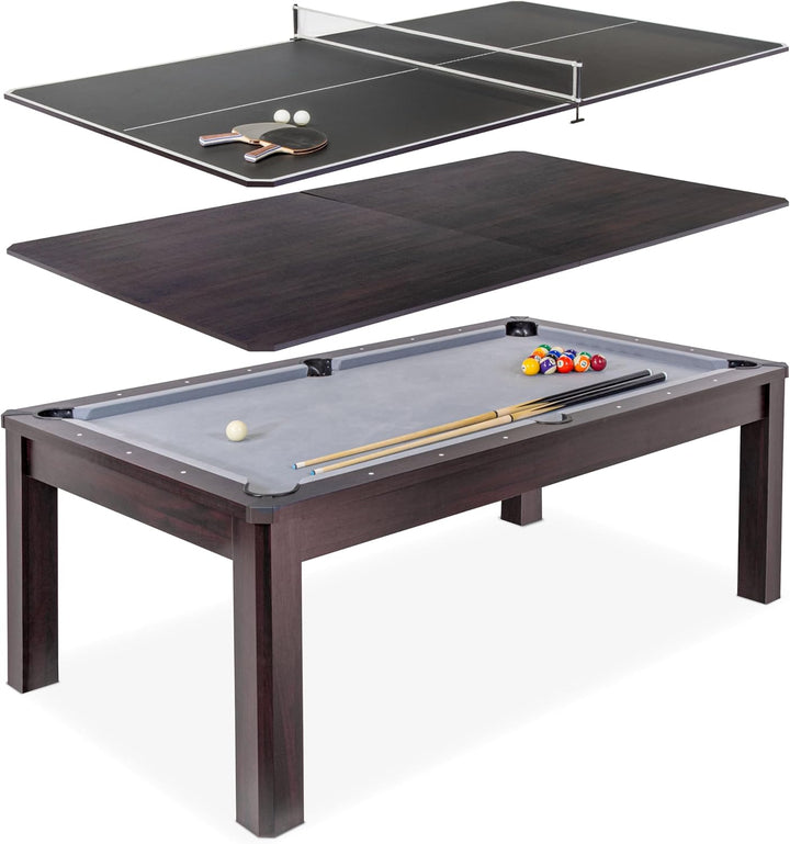 7 Ft 3 in 1 Pool, Dining, & Table Tennis Combo Table and Storage Benches - Convertible Top Game Table with Billiards and Table Tennis Accessories