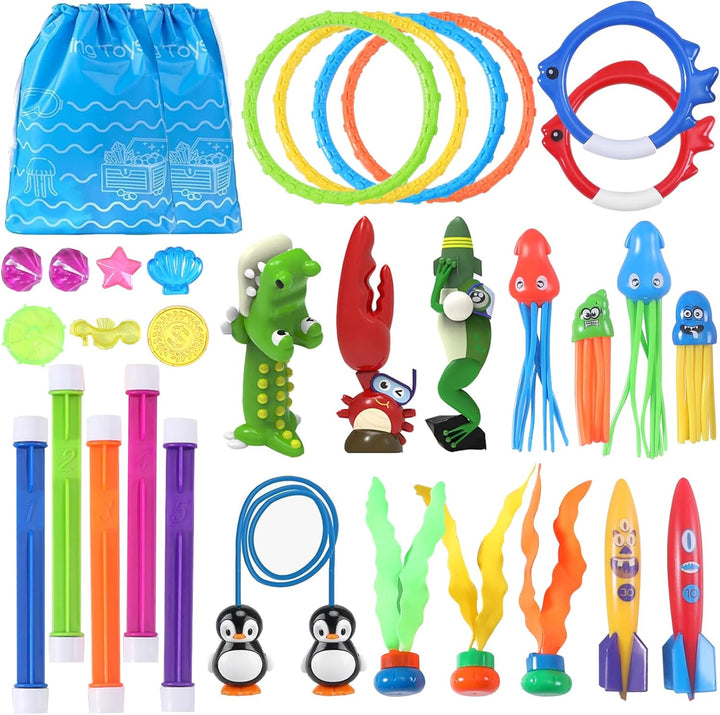 Summer Pool Diving Swimming Toys for Kids, Fun Swim Games Sinking Set, Underwater Dive Gifts with Storage Bag Include Torpedo Gems Shark Rings Sea Animals for Boys Girls Toddlers 20 Packs