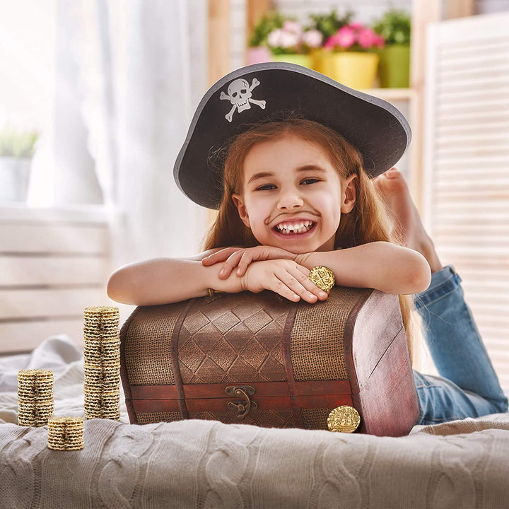 Gold Metal Pirate Coins - 35 Gold Treasure Coin Set, Metal Replica Spanish Doubloons for Board Games, Tokens, Toys, Cosplay - Realistic Money Imitation, Pirate Treasure Chest, Medium Size 7/8"