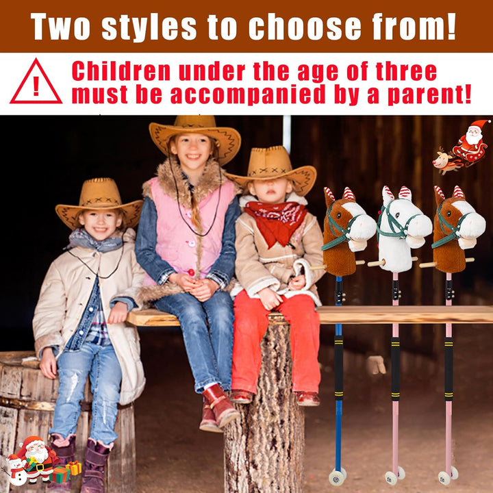 Stick Horse, Hobby Horse on a Stick for Kids Ages 4-12 Adjustable 30-52" with Illuminated Silent Wheels Comfortable Sponge Wrapped Complimentary AA Batteries Realistic Horse Neighs. (Brown-Blue)